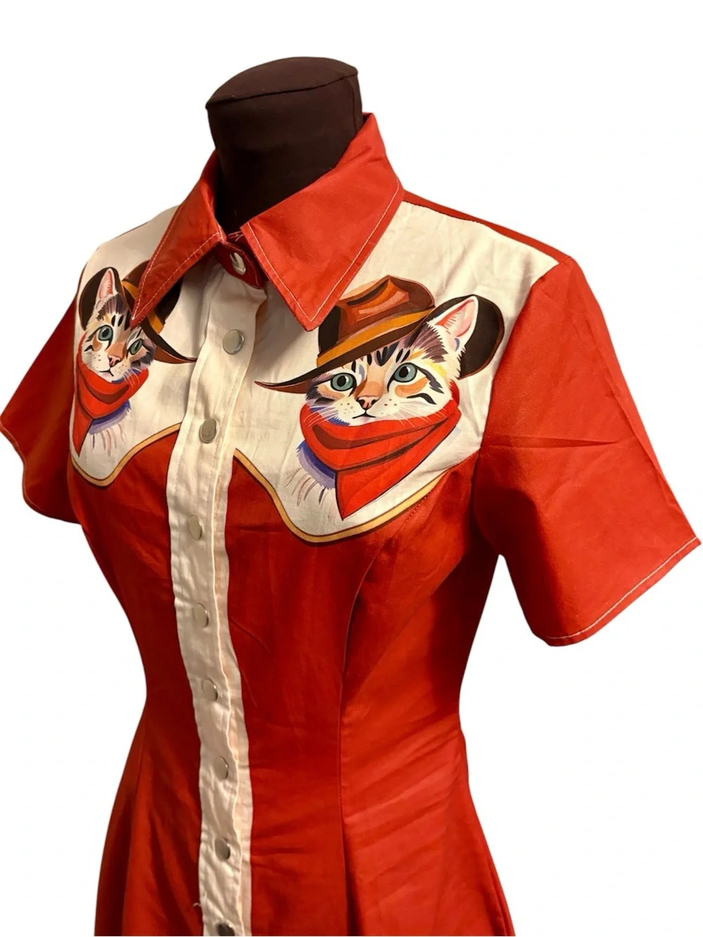 A Western Cute Cat Cowboy Red Cotton Metal Snap Front Dress, Womens size Small